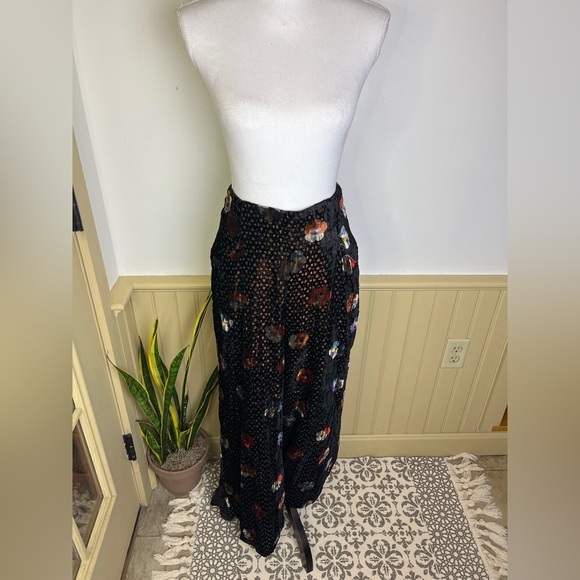 Anthropologie NWT Eva Franco Sz 0 Velvet Wide Leg Pants Black Motif Floral Glam - Picture 1 of 16